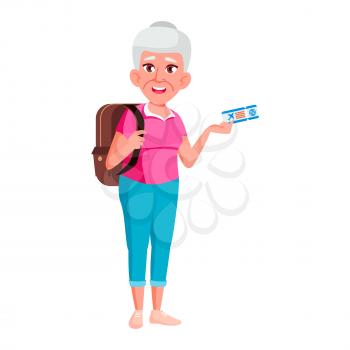Old Woman Poses Vector. Elderly People. Senior Person. Aged. Tourist, Tourism. Positive Pensioner. Web, Brochure, Poster Design. Isolated Cartoon Illustration
