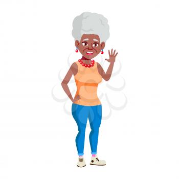 Old Woman Poses Vector. Black. Afro American. Elderly People. Senior Person. Aged. Active Grandparent. Joy. Web, Brochure, Poster Design. Isolated Cartoon Illustration
