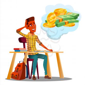 Student Sitting At Table With Books And Thinking About Money Vector. Illustration