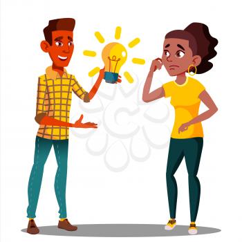 Submit An Idea, One Student Pulls A Glowing Light Bulb To Another Student Vector. Illustration