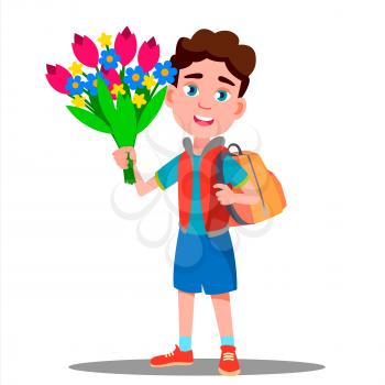 Schoolboy With Backpack On His Back And With Flowers In Hand Vector. Illustration