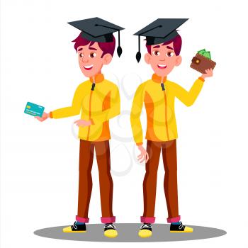 Smiling Student In Graduation Cap With A Credit Card And Wallet In Hand Vector. Illustration