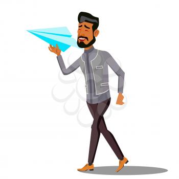 Startup, Manager In A Business Suit Starting Up Paper Airplane Vector. Illustration