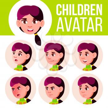 Girl Avatar Set Kid Vector. High School. Face Emotions. Children. Beautiful, Funny Head Illustration