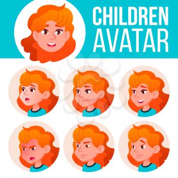 Girl Avatar Set Kid Vector. Primary School. Red Head. Face Emotions. School Student. Kiddy, Birth. Advertisement, Greeting Cartoon Illustration