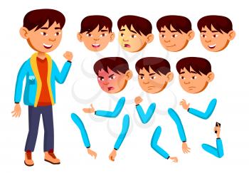 Asian Boy, Child, Kid, Teen Vector. Teenager, Education. Face Emotions, Various Gestures. Animation Creation Set Isolated Flat Cartoon Illustration