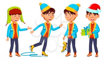 Asian Boy Schoolboy Set Vector. Primary School Child. Cute Child. Happiness Enjoyment. Chrastmas, New Year. For Presentation, Print, Invitation Design. Isolated Illustration