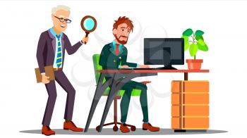 Business Espionage, Employee Holding Magnifier Standing Behind Employee At Desktop With Computer Vector. Illustration