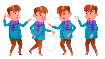 Boy Poses Set Vector. Emotions. Winter Holidays. Clever Positive Person. Outdoor Clothes. For Banner, Flyer, Brochure Design. Isolated Illustration