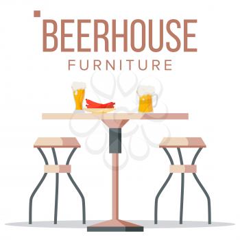 Beer House Furniture Vector. Pub. Beery Party Design Element. Brewery Wooden Table, Chairs, Beer Mug. Isolated Flat Illustration