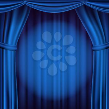 Blue Theater Curtain Vector. Theater, Opera Or Cinema Empty Silk Stage, Blue Scene. Realistic Illustration