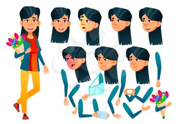 Asian Teen Girl Vector. Teenager. Activity, Beautiful. Face Emotions, Various Gestures. Animation Creation Set. Isolated Flat Cartoon Illustration