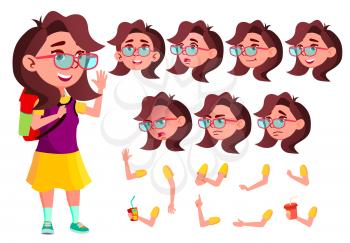 Girl, Child, Kid, Teen Vector. Schoolchildren, Teen. Face Emotions, Various Gestures Animation Creation Set Isolated Flat Cartoon Illustration