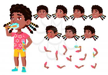 Girl, Child, Kid, Teen Vector. Black. Afro American. Active Cute. Cheer, Pretty. Face Emotions Various Gestures Animation Creation Set Isolated Flat Cartoon Illustration