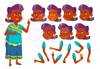 Indian Old Woman Vector. Hindu. Asian. Senior Person. Aged, Elderly People. Emotional, Pose. Face Emotions, Various Gestures Animation Creation Set Isolated Flat Cartoon Illustration