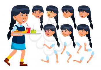 Asian Girl, Child, Kid, Teen Vector. Modern Uniform. Educational, Study. Face Emotions, Various Gestures. Animation Creation Set Isolated Cartoon Character Illustration