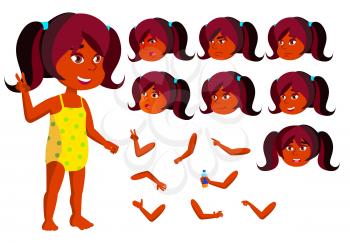 Indian Girl, Child Vector. Joy. Hindu In Water Park. Summer Vacation. Face Emotions, Various Gestures. Animation Creation Set Cartoon Character Illustration