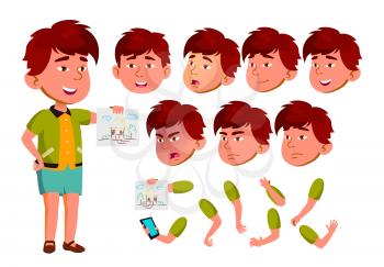Asian Boy, Child, Kid, Teen Vector. Leisure. Educational, Study. Face Emotions, Various Gestures Animation Creation Set Isolated Flat Cartoon Illustration