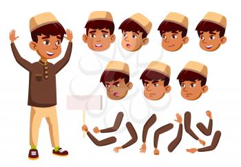 Arab, Muslim Boy, Child, Kid, Teen Vector. Teenager, Education. Face Emotions, Various Gestures Animation Creation Set Isolated Cartoon Character Illustration