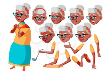 Old Woman Vector. Black. Afro American.Senior Person. Aged, Elderly People. Adult People. Casual. Face Emotions, Various Gestures. Animation Creation Set Isolated Flat Cartoon Character Illustration