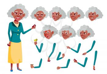 Old Woman Vector. Black. Afro american. Senior Person. Aged, Elderly People. Fun, Cheerful. Face Emotions, Various Gestures Animation Creation Set Isolated Cartoon Character Illustration