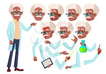 Old Man Vector. Senior Person. Black. Afro American. Aged, Elderly People. Scientist, Doctor. Face Emotions, Various Gestures Animation Creation Set Isolated Character Illustration