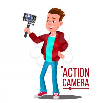 Child Boy With Action Camera Vector. Self Video, Portrait. Shooting Process. Cartoon Illustration