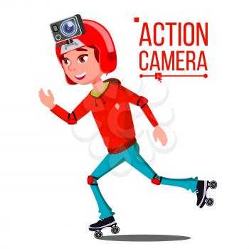 Child Girl With Action Camera Vector. Teenager. Red Helmet. Shooting Process. Active Type Of Rest. Recording Video. Isolated Illustration