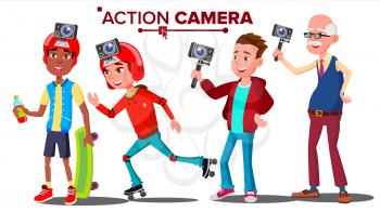 People With Action Camera Set Vector. Self Video, Portrait. Shooting Process. Active Type Of Rest. Isolated Illustration
