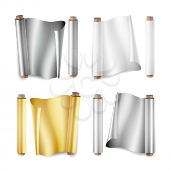 Foil Roll Set Vector. Aluminium, Metal, Gold, Baking Paper. Close Up Top View. Opened And Closed. Realistic Illustration Isolated