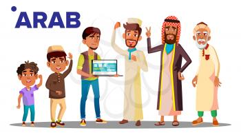 Arab, Muslim Male Set People Person Vector. Grandfather, Father, Son, Grandson, Baby Vector Vector Isolated Illustration