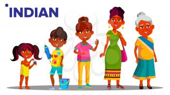 Indian Generation Female People Person Vector. Indian Mother, Daughter, Granddaughter, Baby, Teen. Vector Isolated Illustration