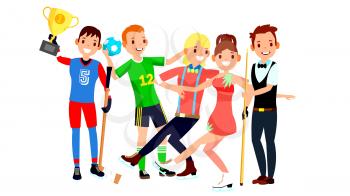 Athlete Set Vector. Man, Woman. Hockey, Handball, Figure Skating, Snooker. Group Of Sports People In Uniform, Apparel. Sportsman Character In Game Action. Cartoon Illustration