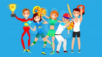 Athlete Set Vector. Man, Woman. Handball, Cheerleader, Baseball, Fitness Man. Group Of Sports People In Uniform, Apparel. Sportsman Character In Game Action. Cartoon Illustration