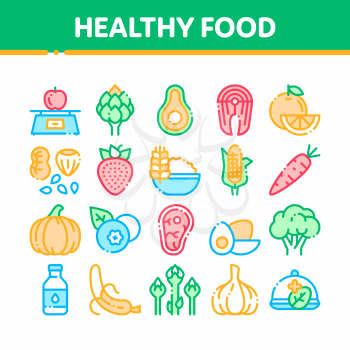 Collection Healthy Food Vector Thin Line Icons Set. Vegetable, Fruit And Meat Healthy Food Linear Pictograms. Strawberry And Orange, Blueberry And Pumpkin, Eggs And Fish Color Contour Illustrations