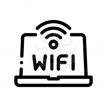 Wifi Sign And Word On Laptop Display Vector Icon Thin Line. Laptop With Internet Access Hotel Performance Of Service Equipment Linear Pictogram. Business Hostel Items Monochrome Contour Illustration