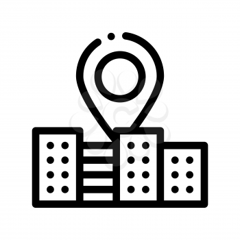 Gps Locaton Mark And Building Vector Sign Icon Thin Line. Location Mark, Hotel Performance Of Service Equipment Linear Pictogram. Business Hostel Items Monochrome Contour Illustration