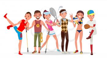 Summer Sports Vector. Set Of Players In Boxing, Hiking, Basketball, Volleyball, Golf, Baseball Isolated Cartoon Illustration