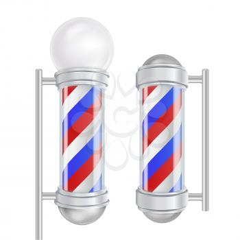 Barber Shop Pole Vector. 3D Classic Barber Shop Pole. Red, Blue, White Stripes. Isolated On White Illustration