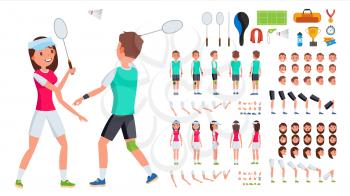Badminton Player Male, Female Vector. Animated Character Creation Set. Man, Woman Full Length, Front, Side, Back View. Badminton Accessories. Poses Emotions Gestures Flat Illustration