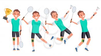 Badminton Young Man Player Vector. Motion Game. Speed Action. Man. Flat Athlete Cartoon Illustration