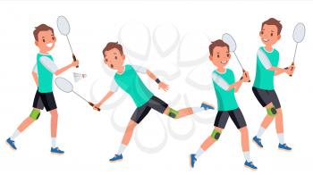 Badminton Male Player Vector. Playing In Different Poses. Man Athlete. Isolated On White Cartoon Character Illustration