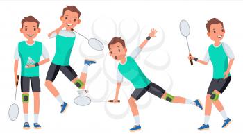 Badminton Male Player Vector. In Action. Racket. Modern Sport, Hobby. Holding Shuttlecock. Cartoon Character Illustration