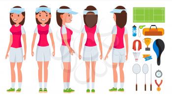 Badminton Girl Player Female Vector. Playing. Athlete In Uniform. Cartoon Athlete Character Illustration