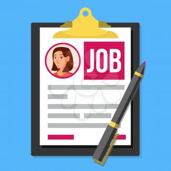 Job Application Form Vector. Female Profile Photo. HR Human Resources Concept. Office Paperwork. Clipboard. Pen. Hiring Employees. Flat Illustration