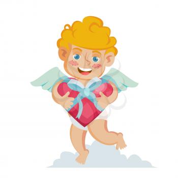 Cupid Vector. Happy Valentine s Day. Holding A Box Present In Form Of Heart. Isolated Cartoon Character Illustration