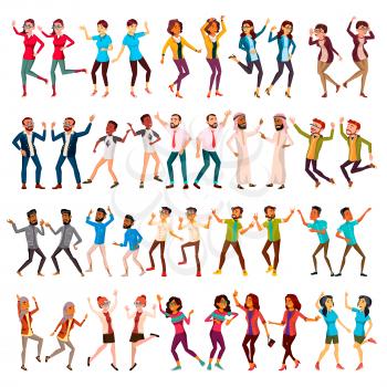 Dancing People Set Vector. Celebrating Dances. Dancing People Moves. Holiday Vacation Party. People Listening To Music. Happy Dancer Poses. Cartoon Illustration