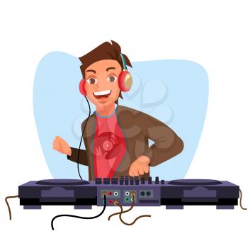Dj Vector. Playing Disco House Music. Stylish Man. Headphones. Concert Concept. Isolated Flat Cartoon Character Illustration