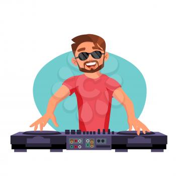Professional Dj Vector. Playing Disco House Music. Mixing Music On Turntables. Party Dance Concept. Isolated On White Cartoon Character Illustration