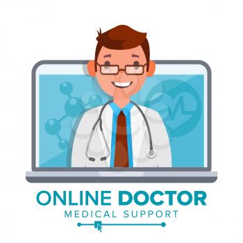 Online Doctor Man Vector. Medical Consultation Concept Design. Male Look Out Laptop. Online Medicine Support. Isolated Illustration